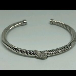 Sterling-Tone Twisted Cable Cuff Bracelet with Crystal Accent